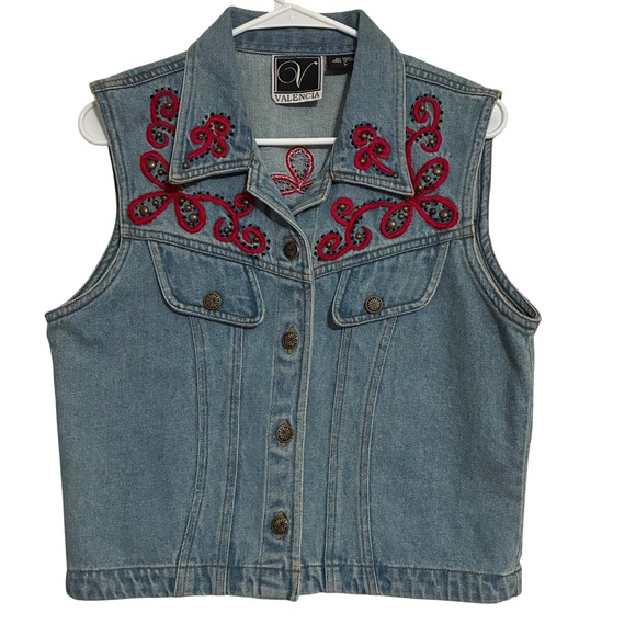Valencia Denim Vest Women’s Large Red Embroidered Western Wear Cowboy Dress VTG - Picture 1 of 7